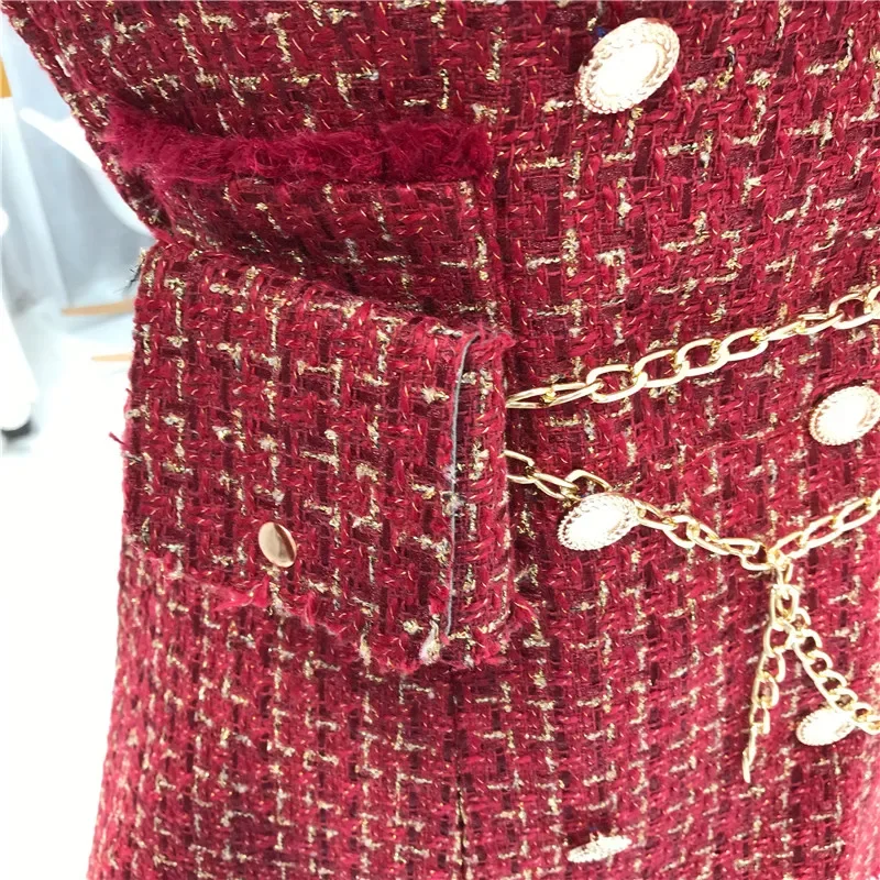 2023 New Gold thread Plaid Suit Coat Women Notched Double breasted Feather Tassel Trim Slim Tweed Jacket With Free Belt bag