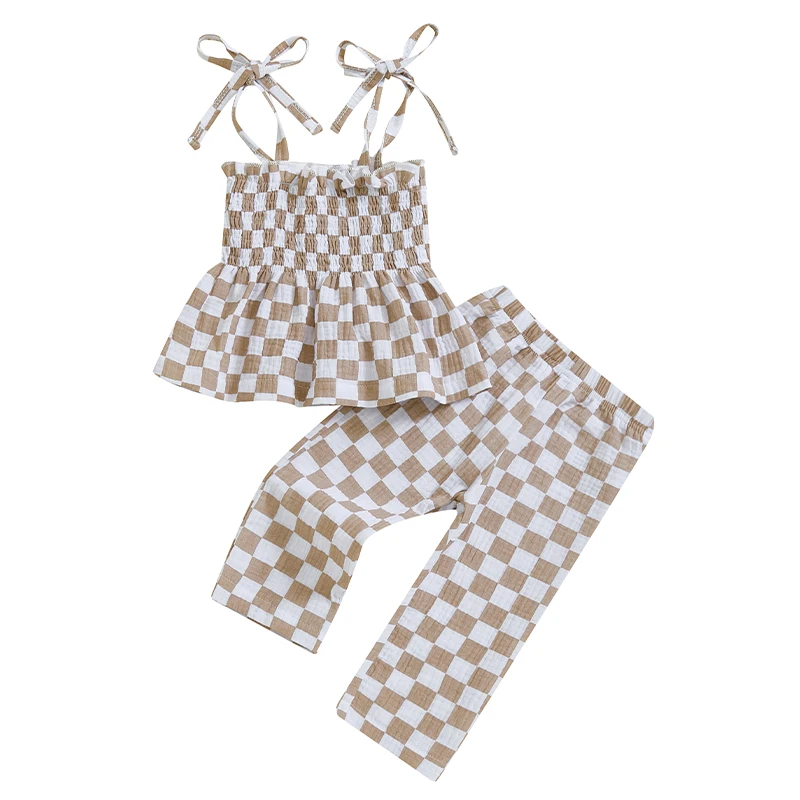 Little Girl Checkered Outfit Tie Shoulder Shirred Babydoll Tops Elastic Waist Long Pants 2 Pcs Summer Set