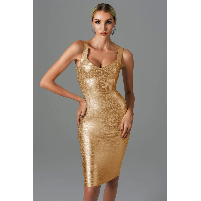 

New Arrival jumpsuits for woman Low-cut Tight Bodycon Gold Stamping Strap Dress Fashionable Hot Party Nightclub Dress