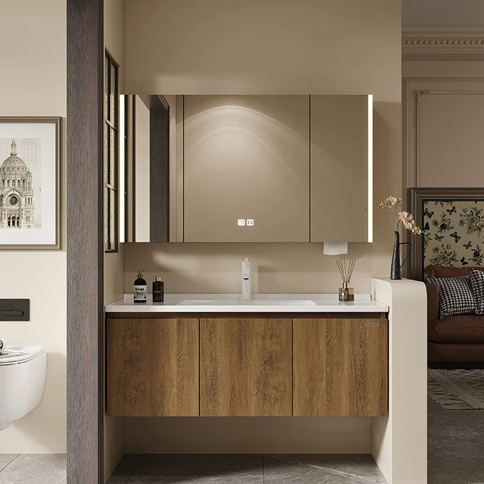 /Modern Luxury Bathroom Vanity Cabinet with LED Touch Illuminate Mirror Ceramic Basin Lacquer Finish Wall-Mounted Installation