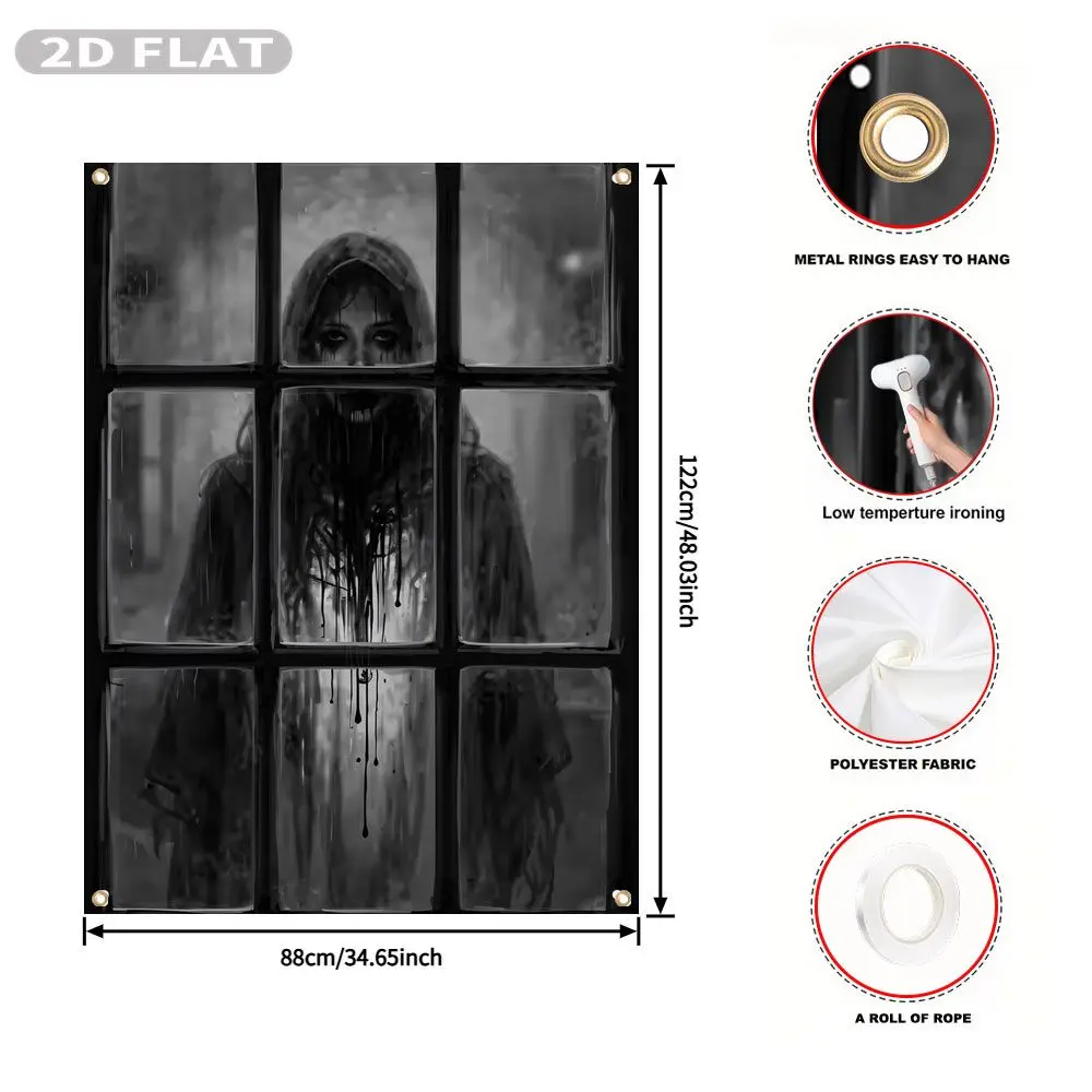 2D FLAT 1pc Party Banner, Halloween Window Cover with Scary Ghost Figure Behind Window Pane Print, 122x88cm, Polyester