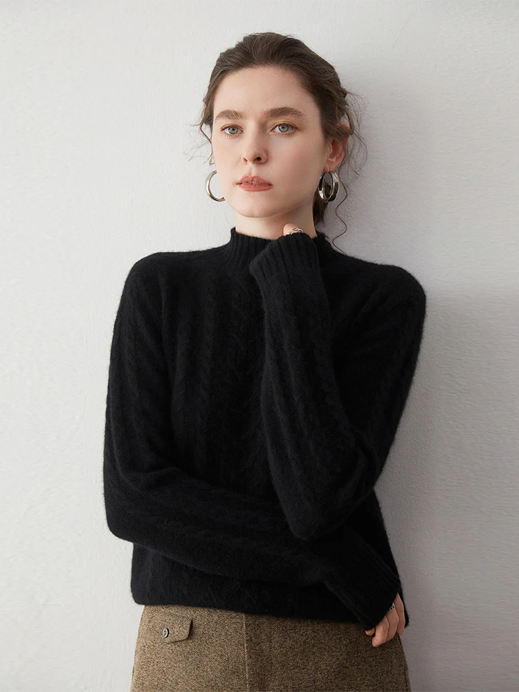 Damski sweter z golfem, dzianinowy, z wzorem kablowym, wykonany w 100% z kaszmiru, ciepły, miękki, na jesień i zimę, prosty, wygodny, odzież, topy.