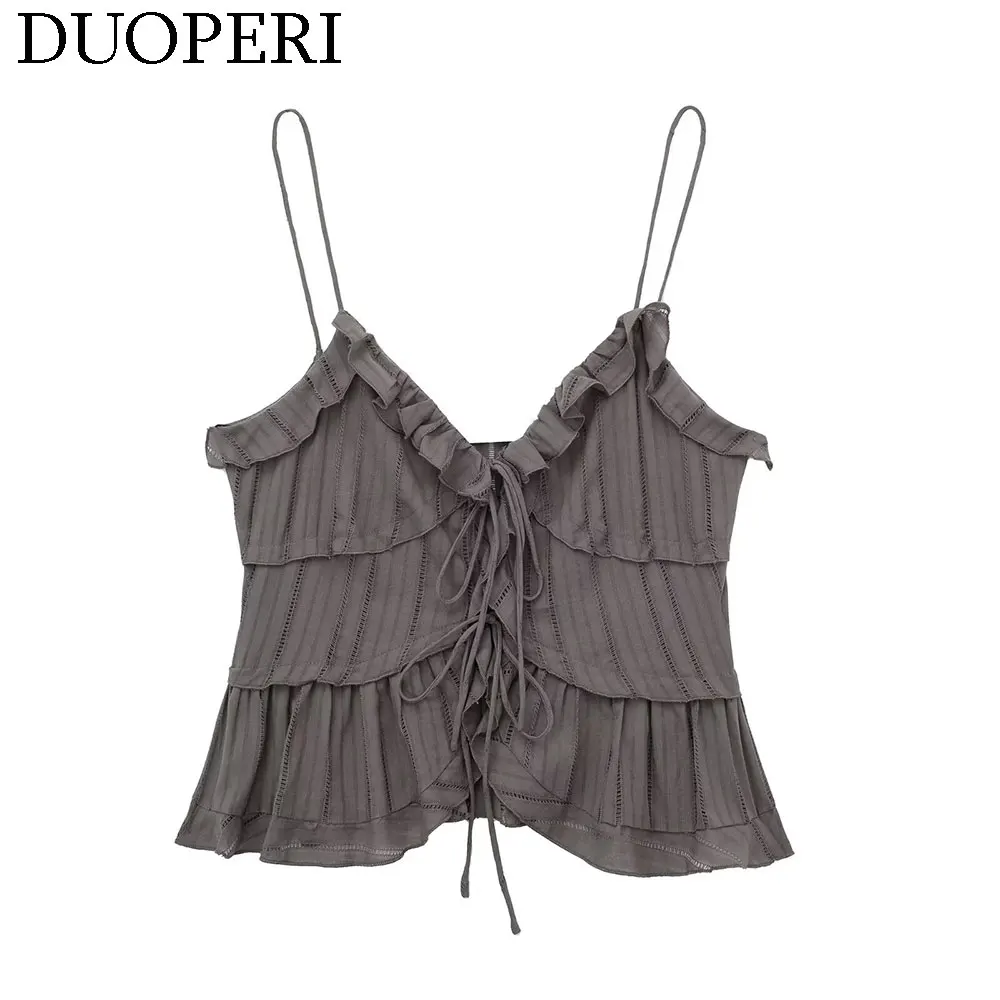 DUOPERI Women Fashion Cotton Grey Ruffled Cropped Tops Camisole Thin Straps V-Neck Female Chic Lady Casual Crop Top Tank