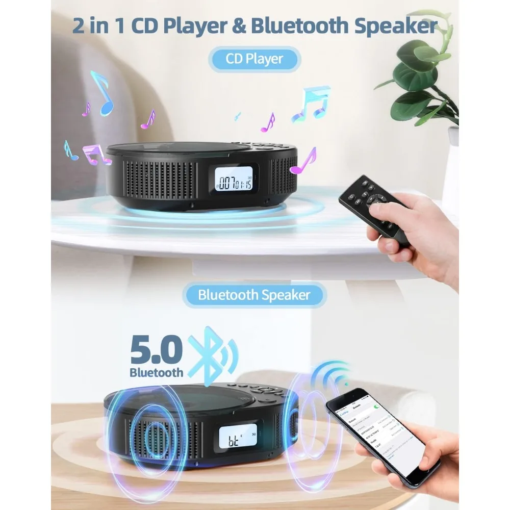 2-in-1 Portable CD Player & Bluetooth Speaker, Rechargeable with Remote, FM Radio, Headphone Jack - Perfect for Car/Home