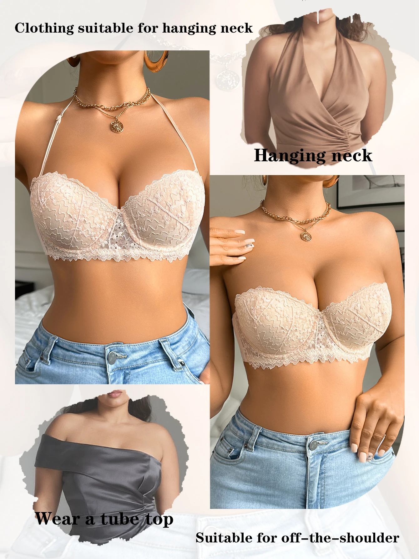 Sujetadores sexys de encaje con parches y tirantes desmontables para mujer, sujetador invisible sin tirantes ni espalda para vestidos, sujetador push-up de copa fina y suave