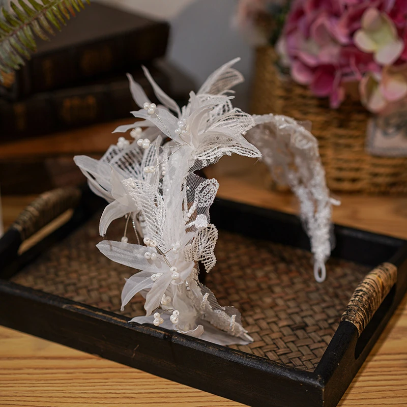 

French new handmade flower grid bow lace headband bridal headband wedding photo head jewelry