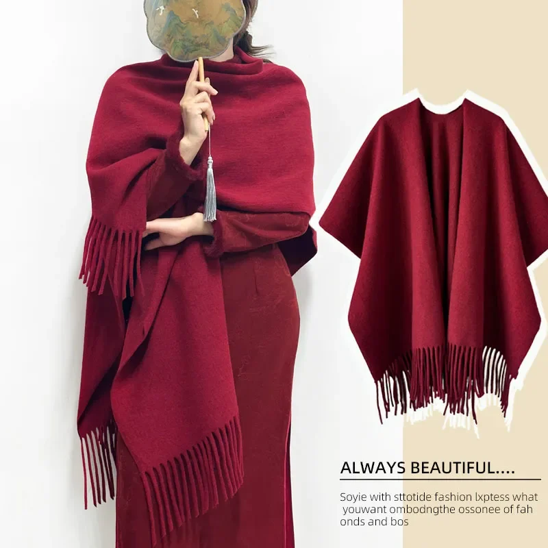 

2026 New Year Red Scarf Shawl Korean Style Versatile Imitation Cashmere Warm Shawl for Women Autumn Winter Fringed Cape