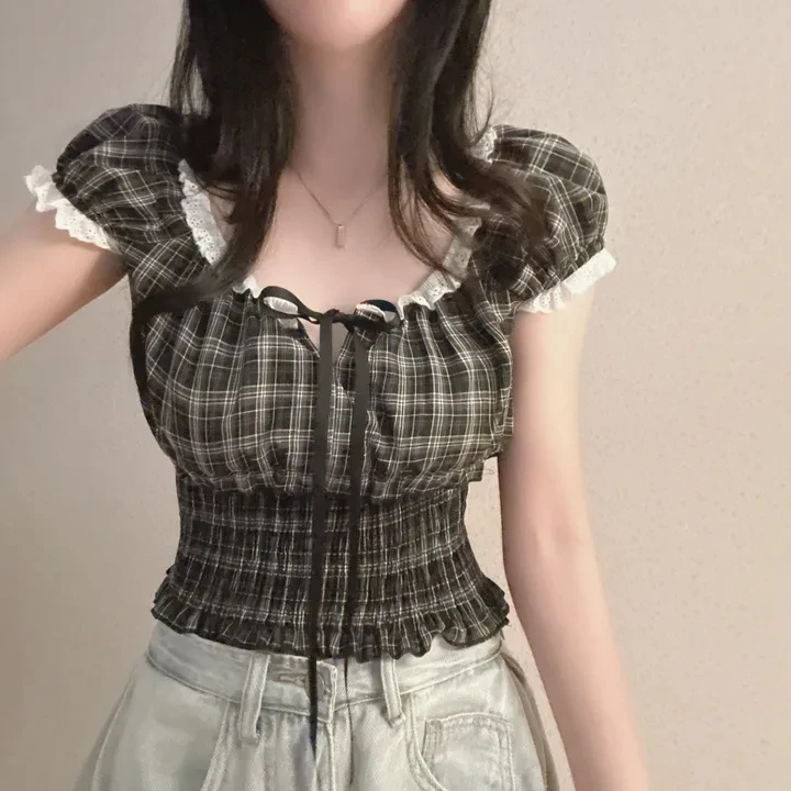 Estate da donna ort Sve Chiffon irt Design coreano Plaid con cintura ort Cravatta in vita Colletto quadrato Top Faion Commute Sle