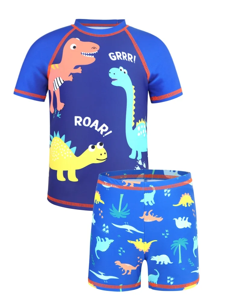 Boy Swimsuit 2026 New Dinosaur Print Short Sleeve Children Swimwear Summer 2 Piece Kids Shorts Beach Wear Swimming Bathing Suits
