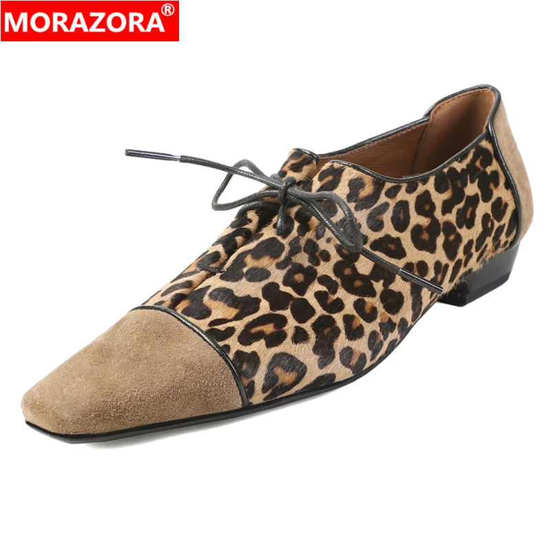 

MORAZORA, новинка 2025, замшевая женская обувь из конского волоса, модные вечерние модельные туфли с леопардовым принтом на низком каблуке со шнуровкой