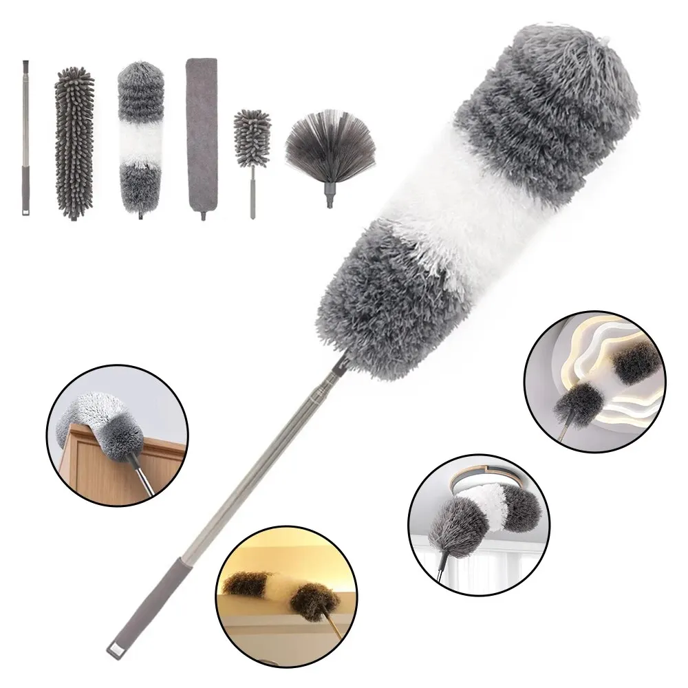 6 Brush Heads 2.8 Meter One Pole Multi Head Dust Collector Extended Ultra-Fine Fiber Ceiling Sweeping Brush Chicken Feather Dust