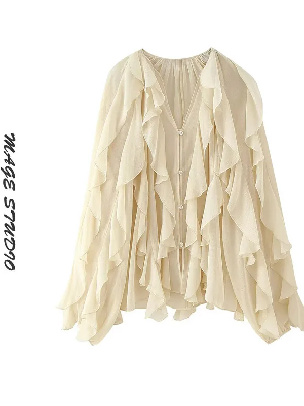 เสื้อเชิ้ตผู้หญิง Zar Sle แบบลำลอง ผ้าชีฟองบางเบา คอวี แต่งระบายหลายชั้น ดีไซน์เรียบง่าย เหมาะสำหรับใส่ไปทำงาน แฟชั่นแขนยาว