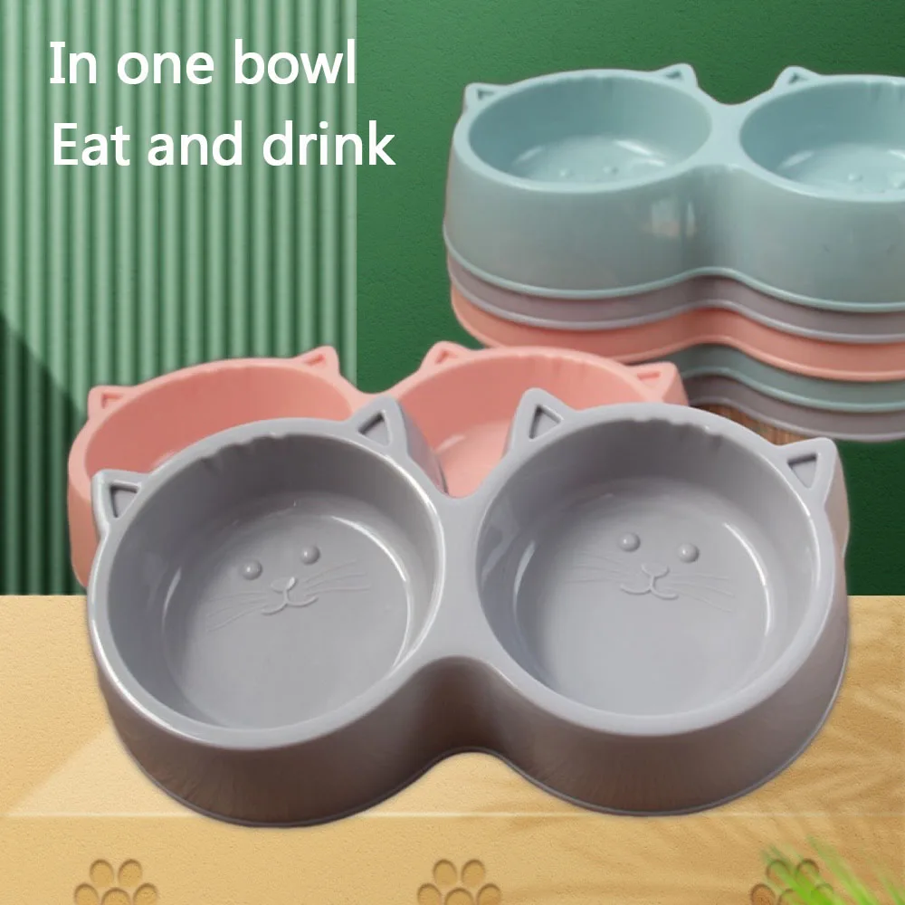 Pet cat Double bowl feeder Eco-friendly PP material Cartoon cat face shape food water feeding non-slip puppy feeding supplies