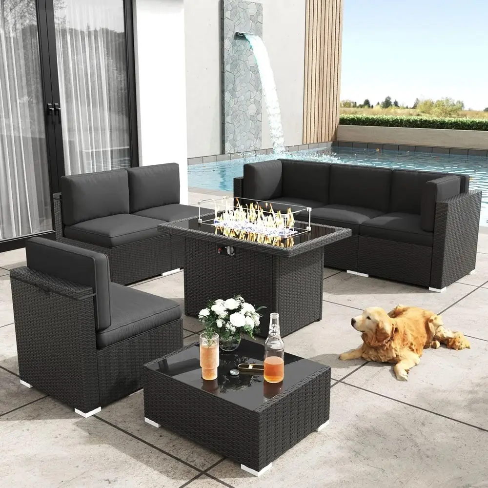 

8-Piece Outdoor Wicker Sectional Sofa Set with Fire Pit Table, All-Weather Resistant