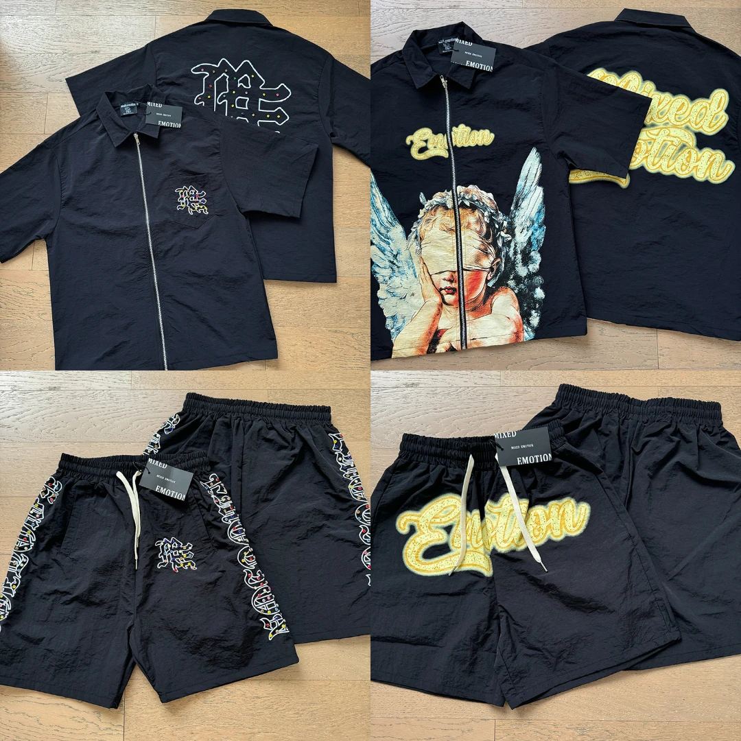 EMOTION Letter Y2K 2 Piece Outfit Men Women Rhinestone Embroidery Zip Short Sleeve Shirt  Drawstring Shorts Hip Hop Street Set
