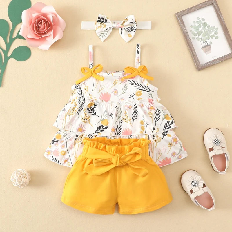 Summer Children Girls Clothes Set Fashion Sweet Sleeveless off-the-shoulder Flower Bow Top+ Shorts Kit