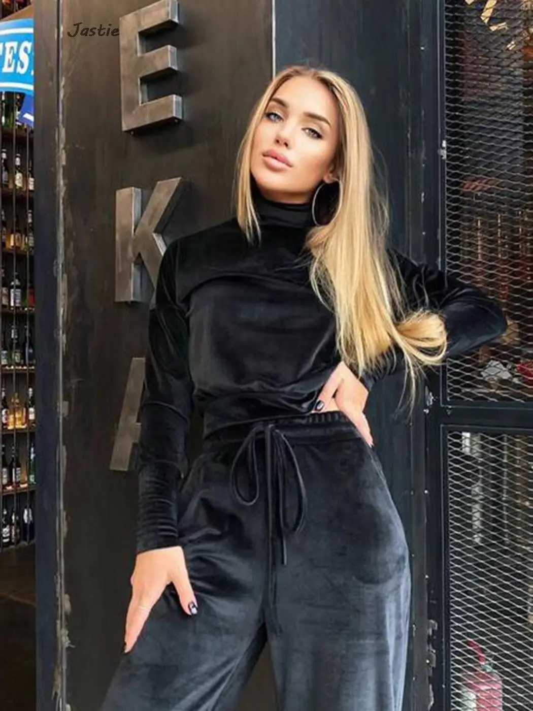 Fashion Solid Color High Neck Long Sleeve Top And Drastring Wide Leg Pant Set Casual Autumn Winter Velvet Women Outfits 2Pcs