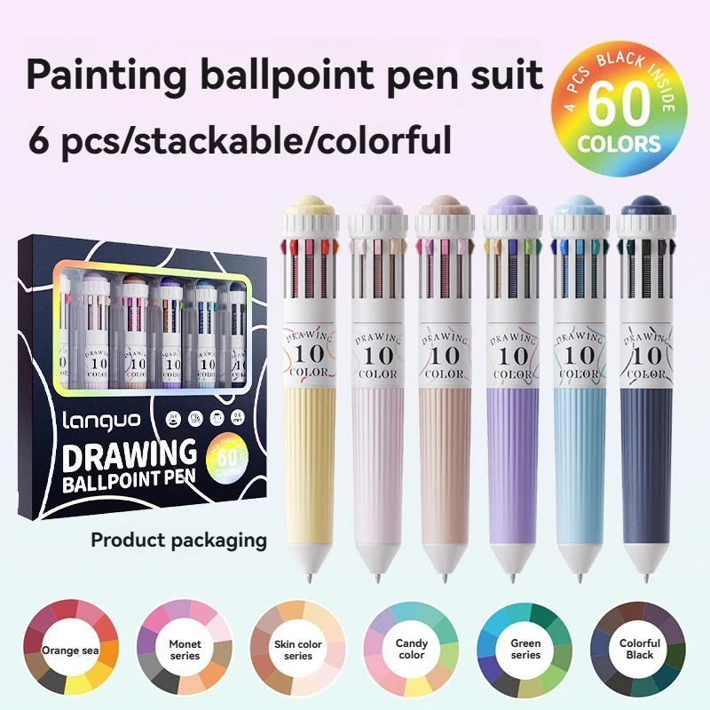 6PC Ten Color Ballpoint Pen Set with High Beauty Cartoon Student Markings Key Hand Account Drawing Ballpoint Pen Hand Account image 5