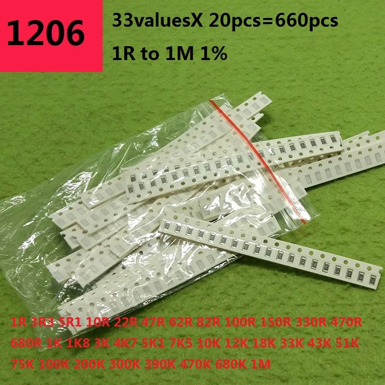 0805 0603 1206 SMD Resistor Kit Assorted Kit 1ohm-1M Ohm 1% 33valuesX 20pcs=660pcs Sample Kit