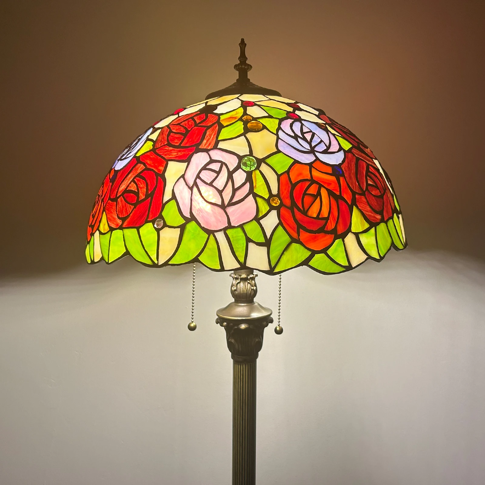 LongHuiJing 16 Inch Tiffany Floor Lamp with Stained Glass Rose Pattern Shade Hotel corridor decorative lights