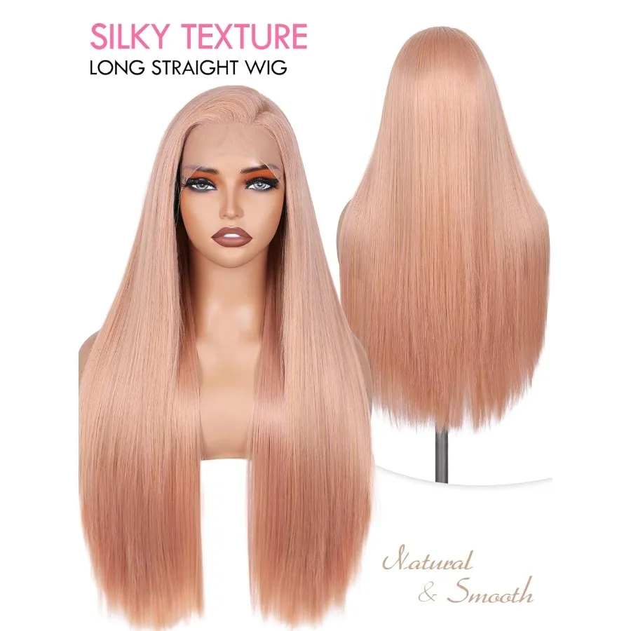 26 شعر مستعار طويل مستقيم وردي مع دانتيل أمامي شفاف عالي الدقة 13 × 4 للنساء باروكات صناعية بدون صمغ للاستخدام اليومي والحفلات بشكل طبيعي