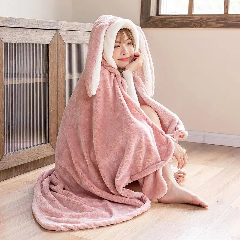 

Thickened Rabbit Ear Shoulder Shawl Robe Office Nap Cover Blanket Warm Cozy Student Office Sleepwear Spring Summer Autumn Winter