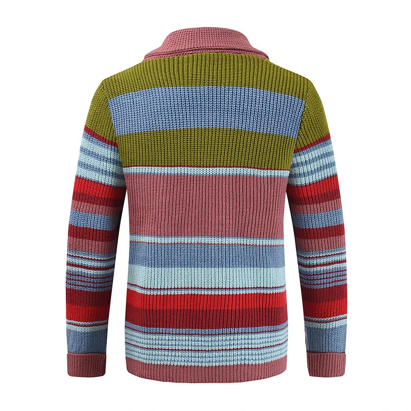 Herren Schalkragen Strickjacke Herbst Winter Farbblock Gestreifter Pullover Vintage Knopfleiste Lässige Lose Oberbekleidung Für M – Detail 16