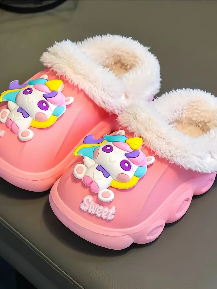 A pair of autumn and winter anti-slip cloud rainbow unicorn children's thick shoes, soft cartoon slippers for girls