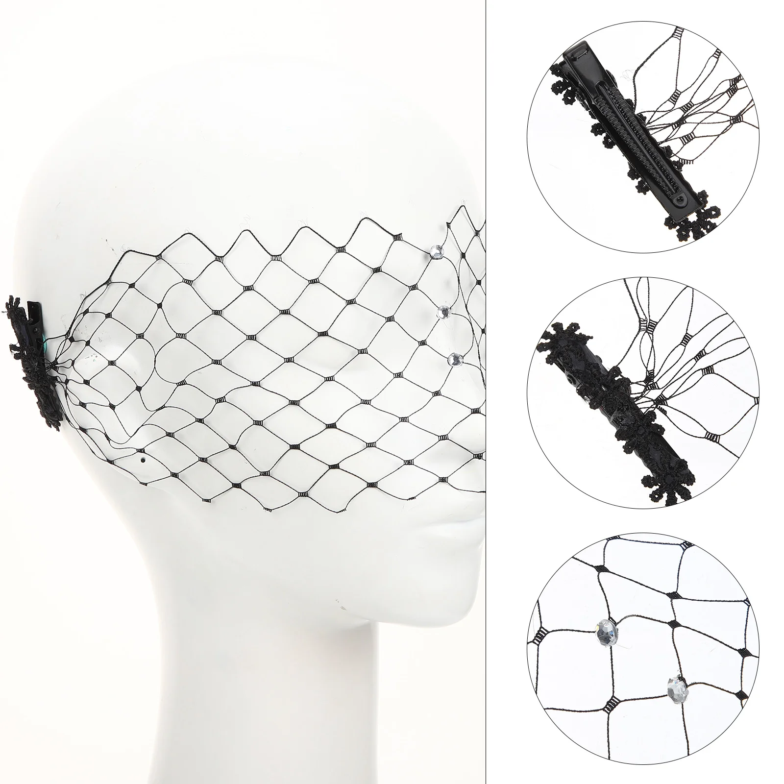 Rhinestone Veil Masquerade Tea Party Fascinator Mesh Face Birdcage for Women Metal Black