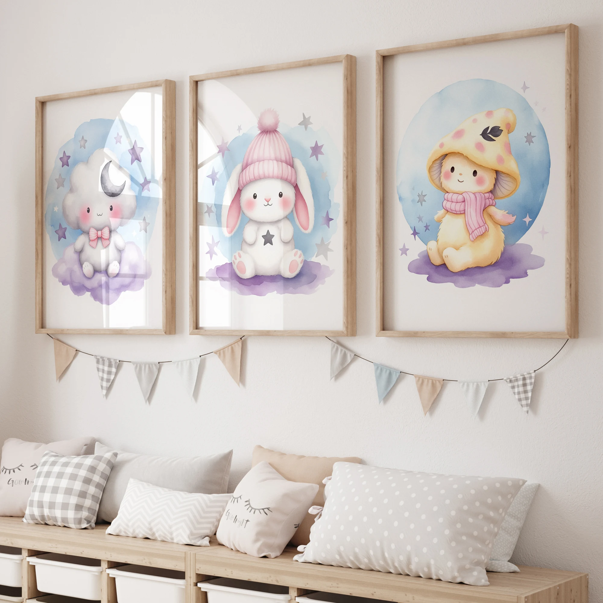 Cartoon Watercolor Purple Animal Wall Art Print Canvas Painting Poster Picture For Kids Room,Boy's Room,Girl's Room Home Decor