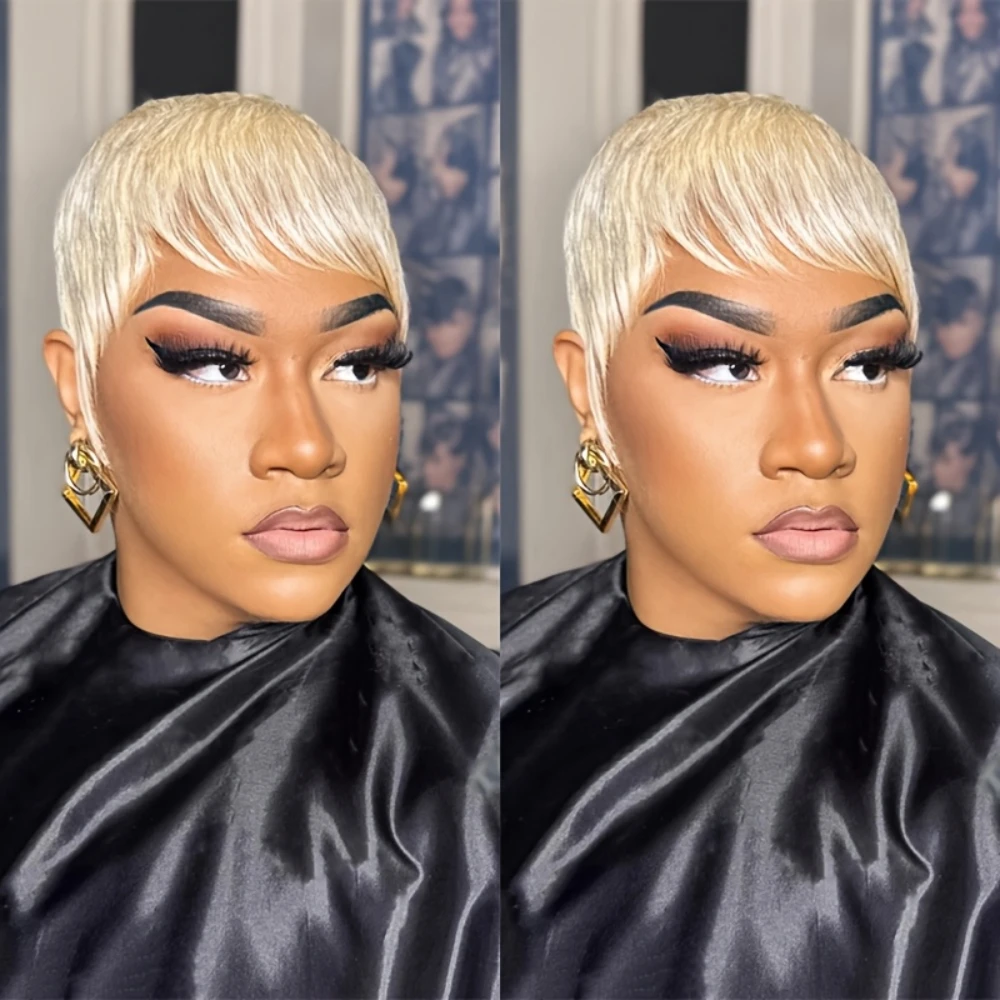 

613 Blonde Color Straight Human Hair Wig for Women Pixie Cut Wig Full Machine Made Wig 150% Density 6Inch
