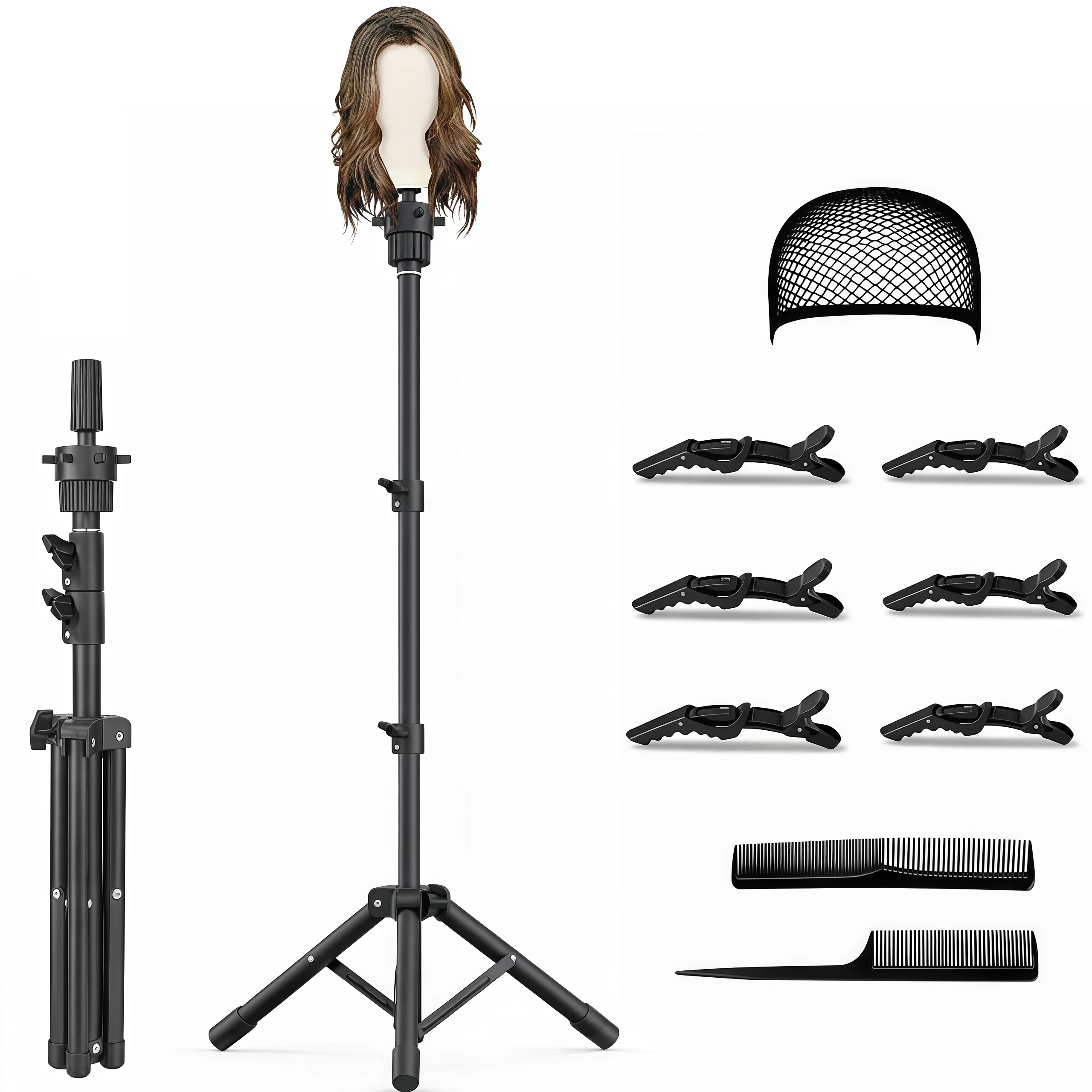 59 Inch Foldable Wig Stand Tripod, Adjustable Metal Mannequin Head Stand Without Mannequin Head, Heavy Duty Portable Wig Display Holder with Hair Nets, Hair Clips & Combs for Hairdressing Training, Salon & Home Hair Styling