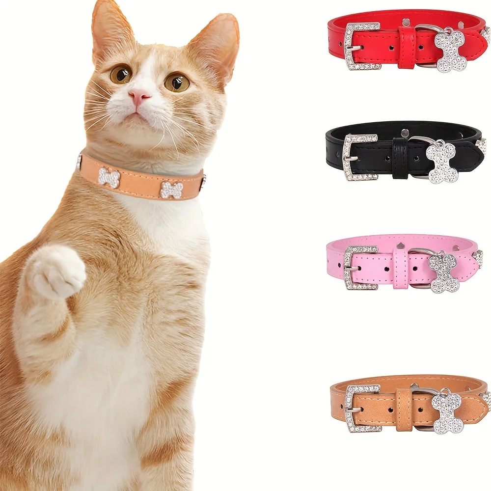 

Sparkling Bone-Shaped Buckle Faux Leather Pet Collar with Diamante Accents for Dogs and Cats dogs accessoires