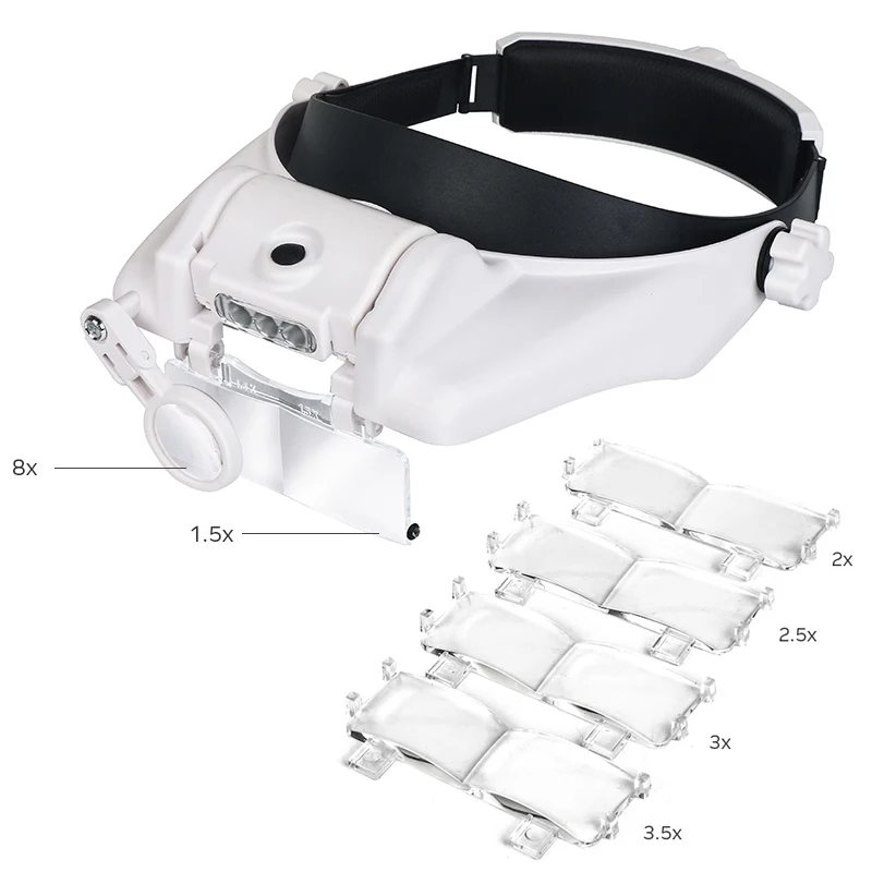 3LED Head-Mounted Illuminating Microscope Headband Repair LED Lamp Light Magnifying Glass with 1.5x 2x 2.5x 3x 3.5x 8 Magnifier