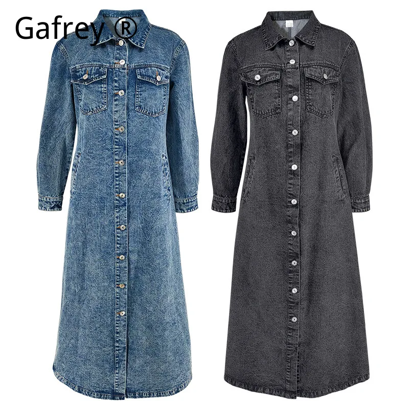 

Женское джинсовое платье-рубашка с отложным воротником на пуговицах, повседневное, модное, длиной миди, для уличного стиля, из мягкой ткани