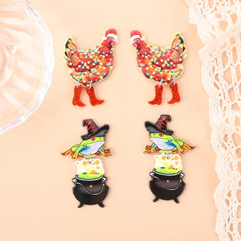 6Pcs Christmas Animal Charms  Multicolour Funny Walking Chicken Magic Frog For Necklace Pendant  Diy Making