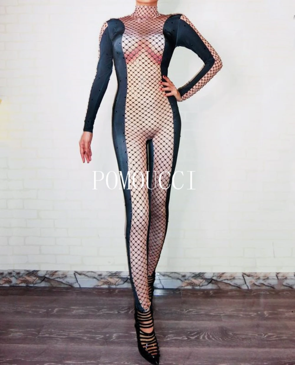 

Black Rhinestones Mesh 3D Printed Sexy Nude Jumpsuit Female Singer Playsuit Nightclub Women's Birthday Party Show Show Clothes