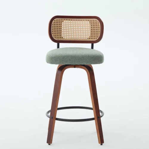 # Counter Height Adjustable Bar Stools-Walnut Black Cane Rattan Back Light Green Linen Upholstered Seat Hotel