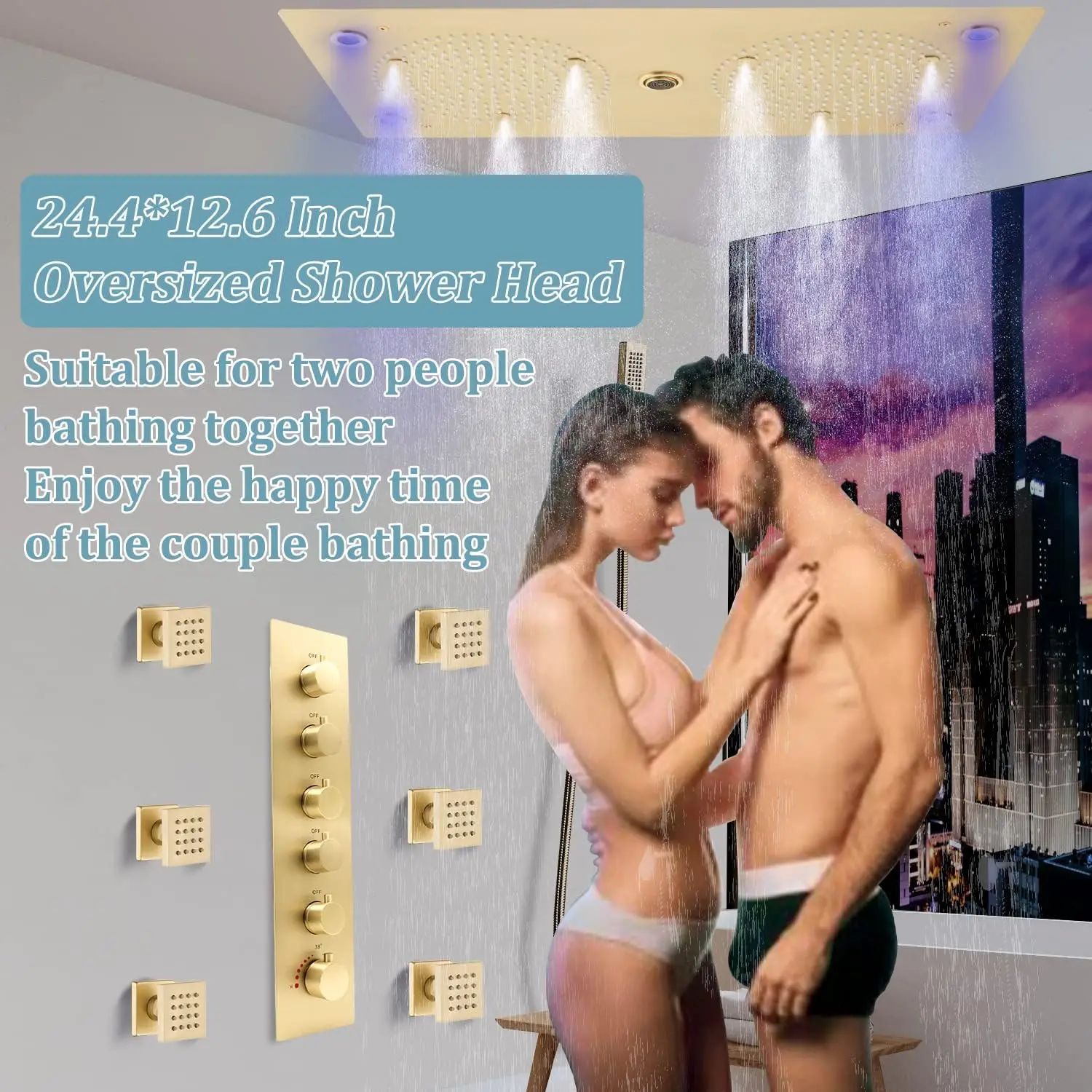 Luxury Shower System With Body Jets 24.4x12.6 Inch Ceiling LED Shower Head With Thermostatic Mixer Valve Shower Faucets Sets