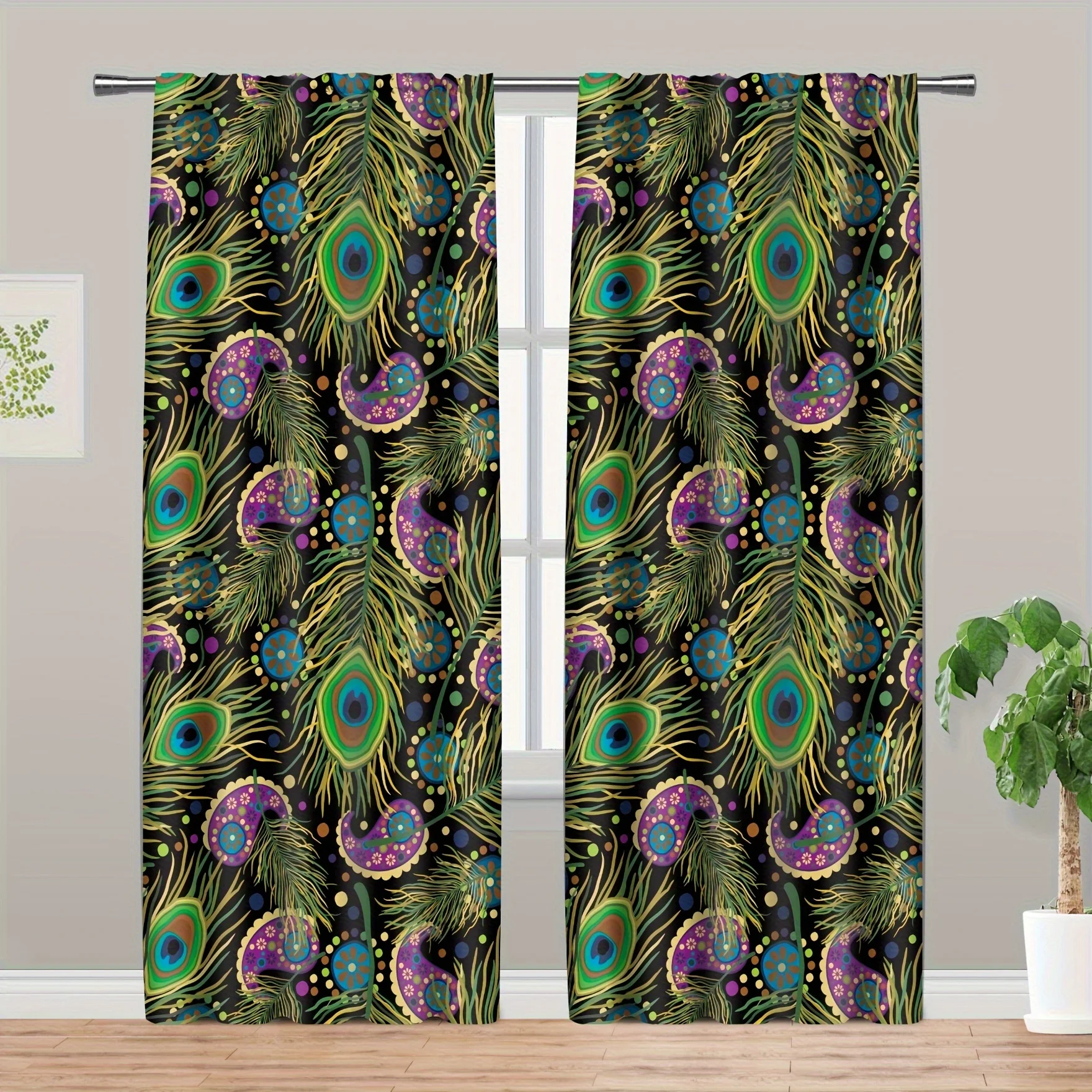 Peacock Feather Print Jacquard Living Room Curtains Boho Pastoral Theme Polyester Doorway Drapes Easy to Hang for All Seasons