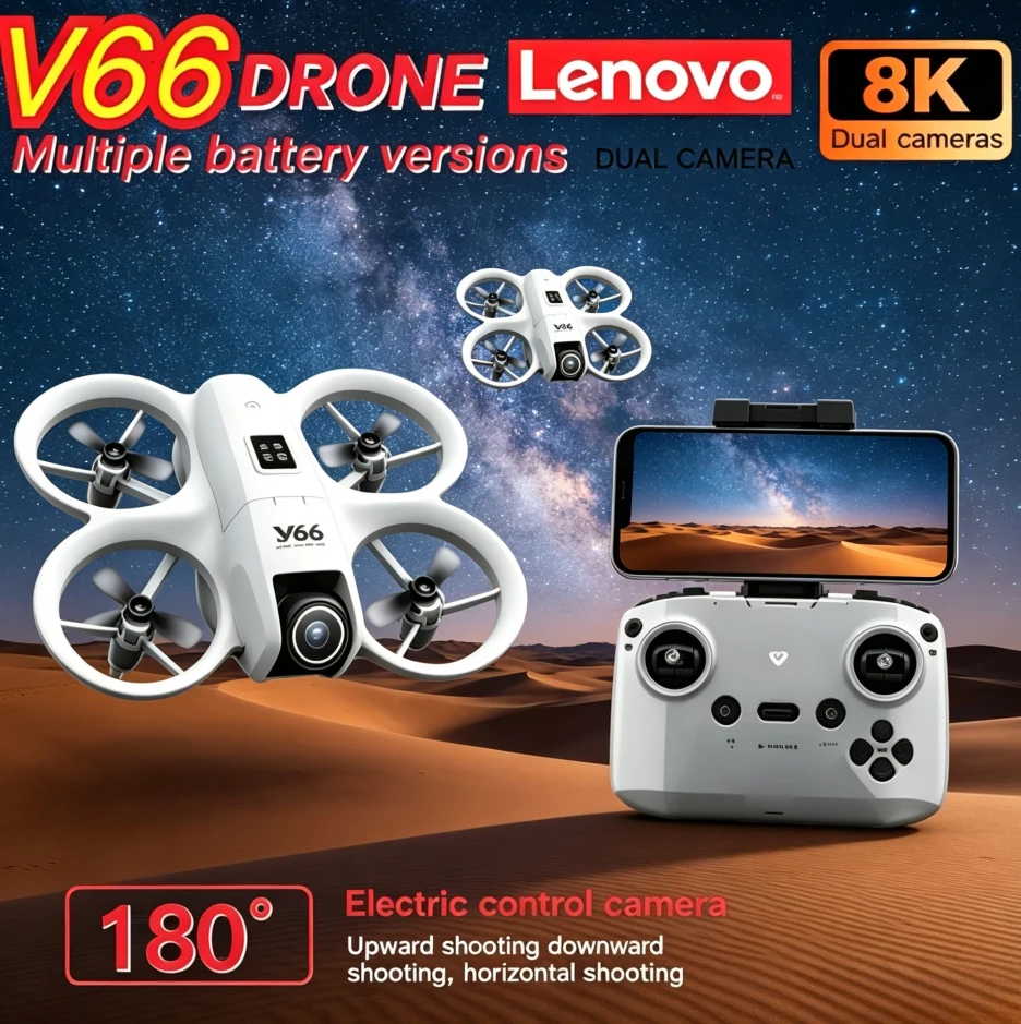 Dron Aéreo Micro Portátil Lenovo V66 con Cámara Ultra HD 8K, Detección Automática de Obstáculos 180 °   Avión RC Plegable Acrobático