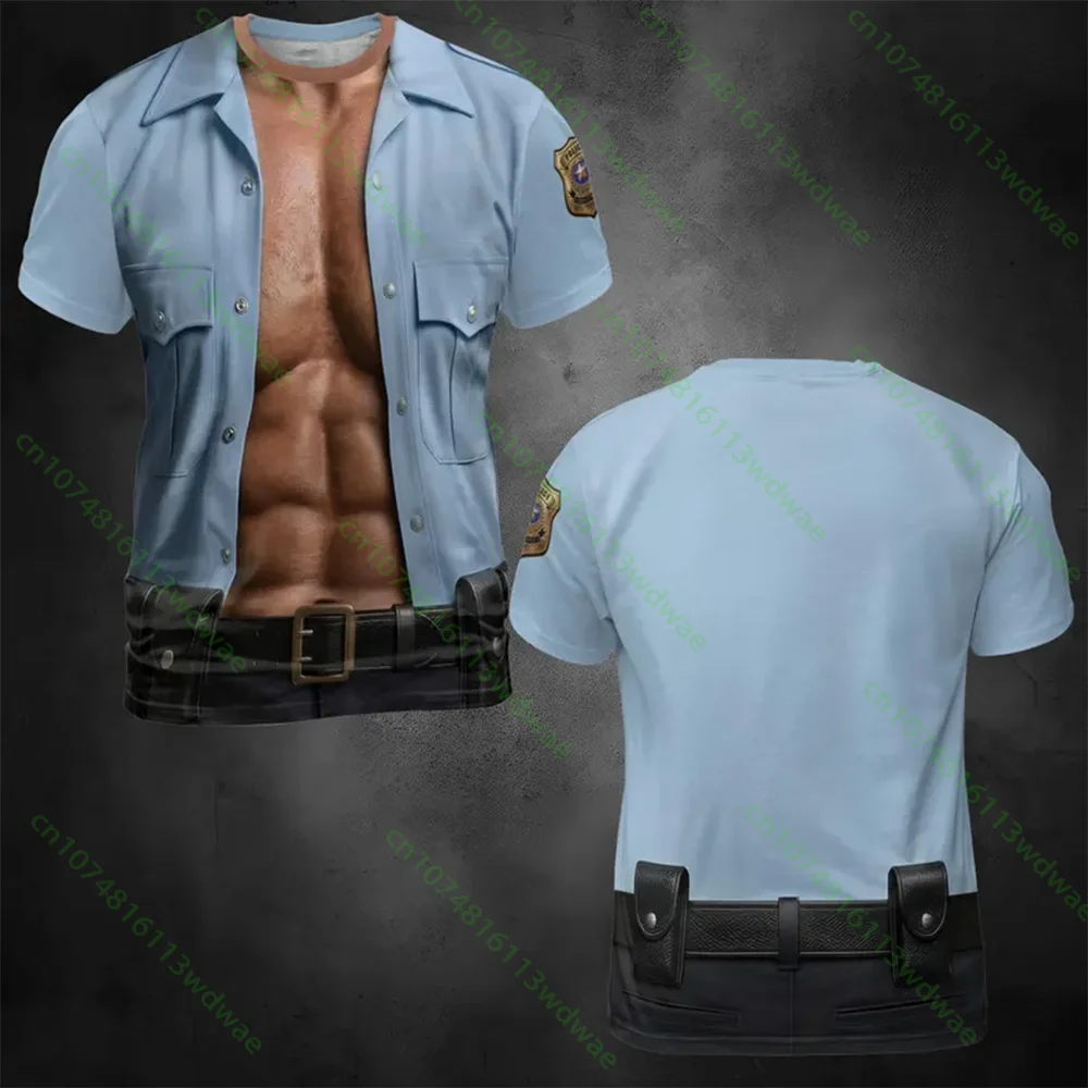 Personalized Muscle Police Men's T-shirt Fun Striptease Police Costume Shirt 3D Realistic Chest Printed Top Funny Gift Parties