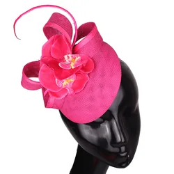 Hot Pink Wedding Millinery Hat Bride Church Mesh Fascinator Hats Hair Clip Ladies Formal Derby Headpiece Women Cocktail Headwear