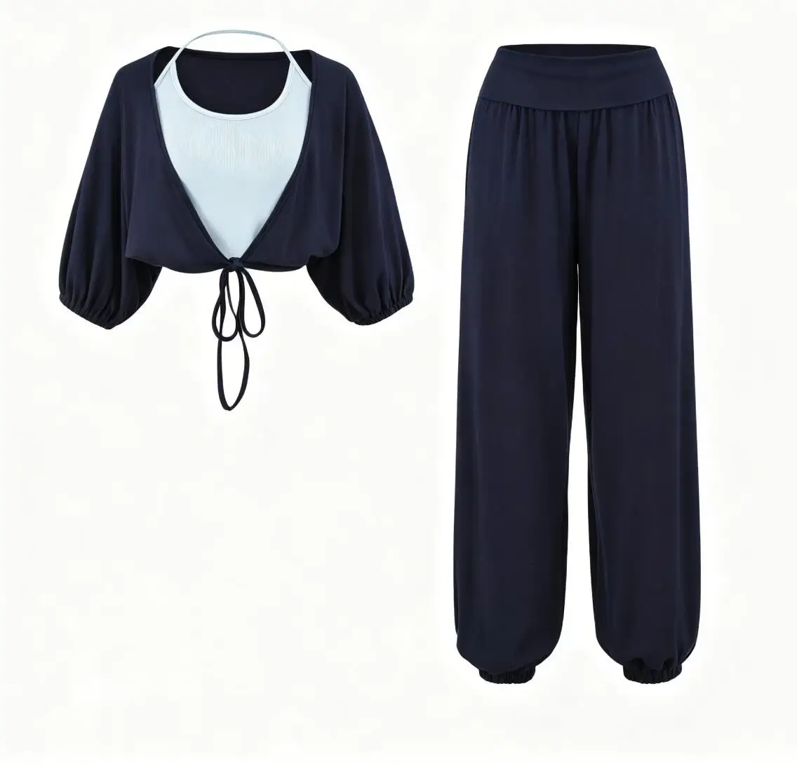 3pcs 1 Set Autumn Contrast color Halter Camis Lacing Up Bow Front Bat Sleeve Cardigan Tee Elastic Waist Sweats Pants Suits - view 4