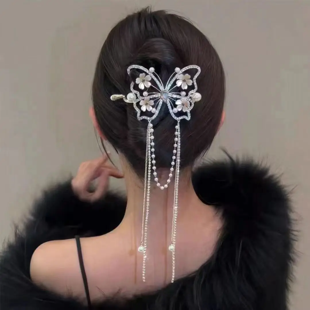 Quasten-Haarspange für Damen, Haarspange für den Hinterkopf, neue minimalistische Haarnadel im chinesischen Stil, elegante Chignon-Haarspange mit Froschverschluss