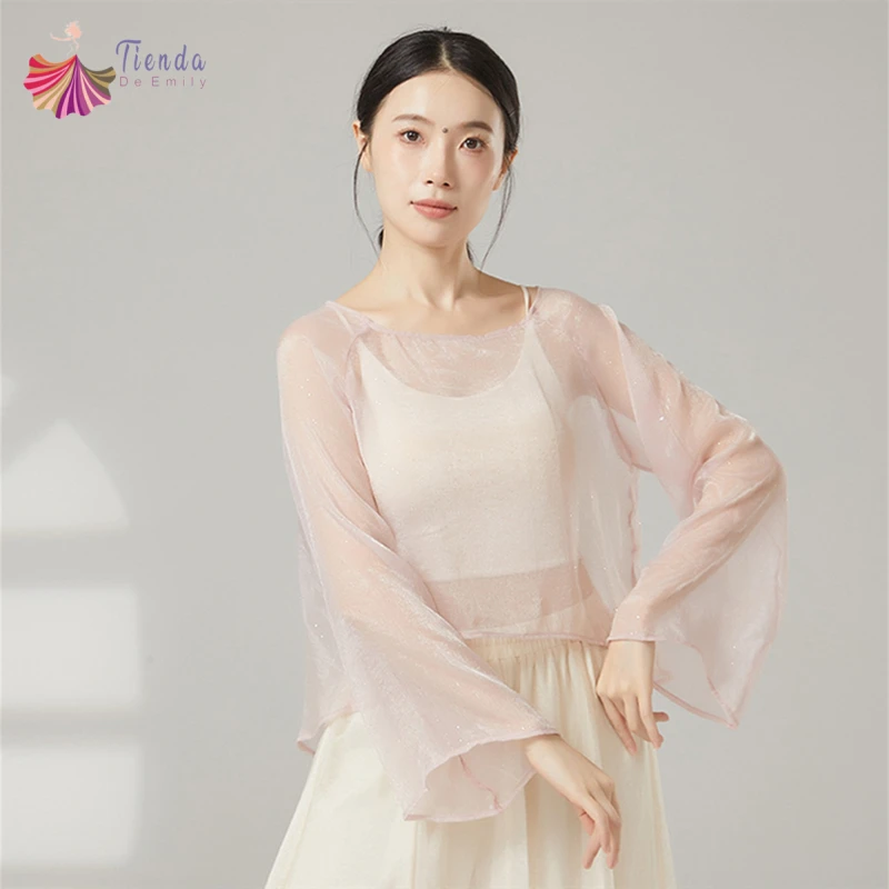 Classical Dance Top Women Flutter Long Sleeve Gauze Shirt Back Split Saree See Through Fairy Stage Clothes Performance Costume