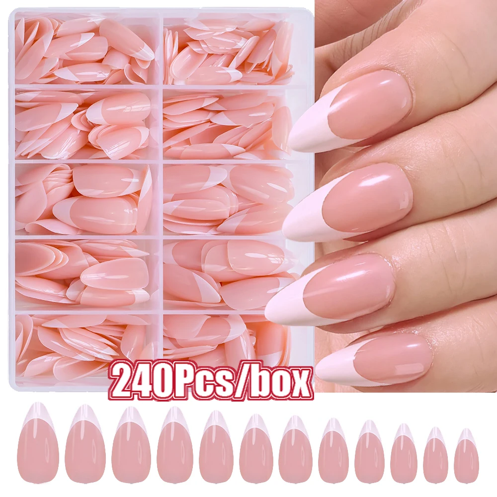 240 قطعة عارية الوردي الفرنسية الأظافر كاذبة ميد اللوز تصميم وهمية مسمار الاكريليك غطاء كامل اضغط على الأظافر كاذبة لامعة أظافر بسيطة نصائح