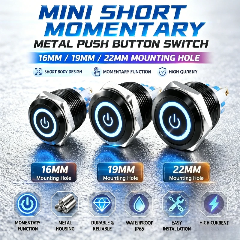 16mm 19mm 22mm Short Mini Black Shell Reset Button Switch Computer Power Start Restart Push Button