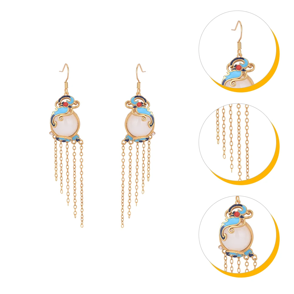 

1 Pair Chinese Vintage Tassel Drop Jade Earrings Women Fashion Statement Piece Daily Wear Party Valentine'S Day Jewelry