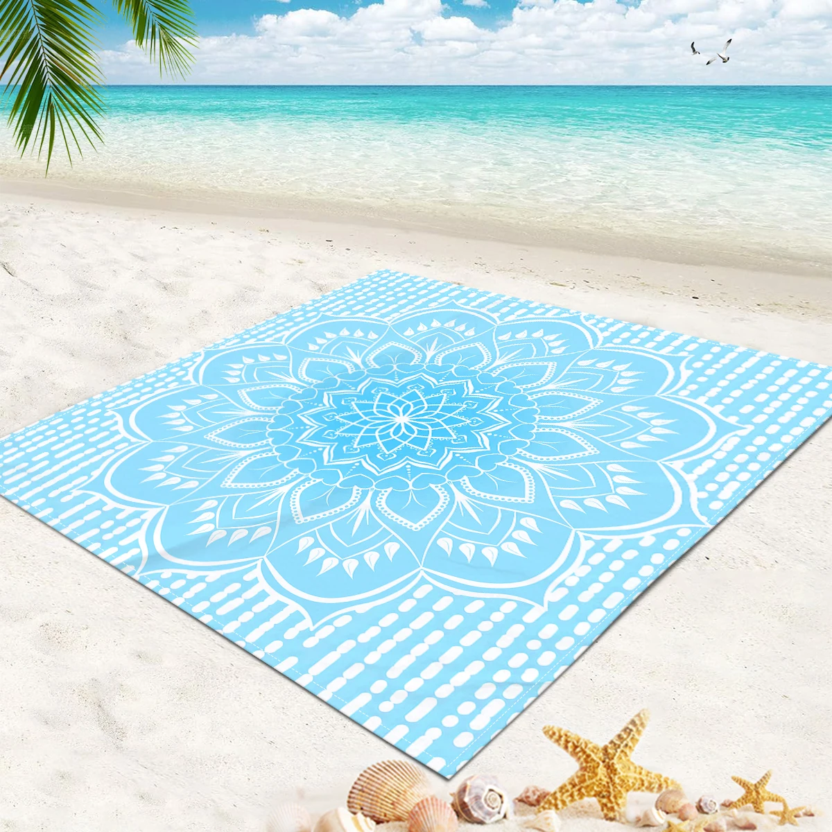 1Pc Light Blue Floral Pattern Design Camping Mat, Outdoor Waterproof and Sandproof Digital Printed Beach Picnic Mat/Beach Towel, Suitable for Outdoor Camping and Picnics view 2